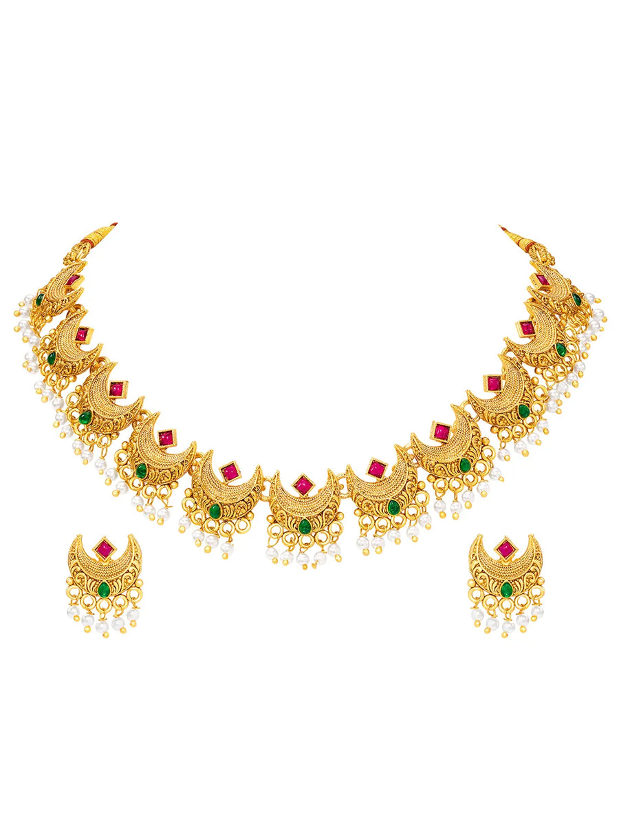 Peora Festive Floral Necklace Set - Gold