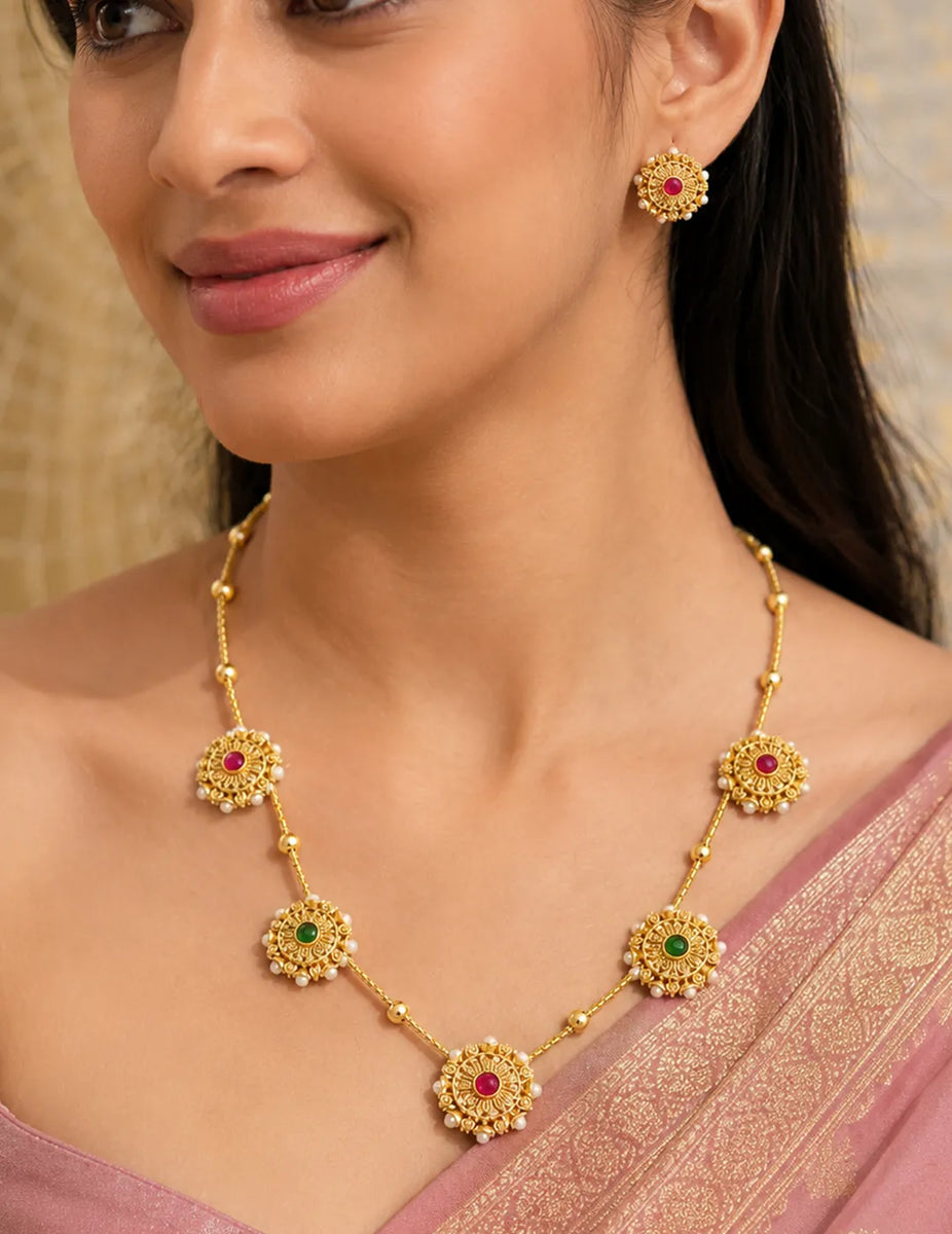 Peora Royal Ruby Green Floral Necklace Set - Gold
