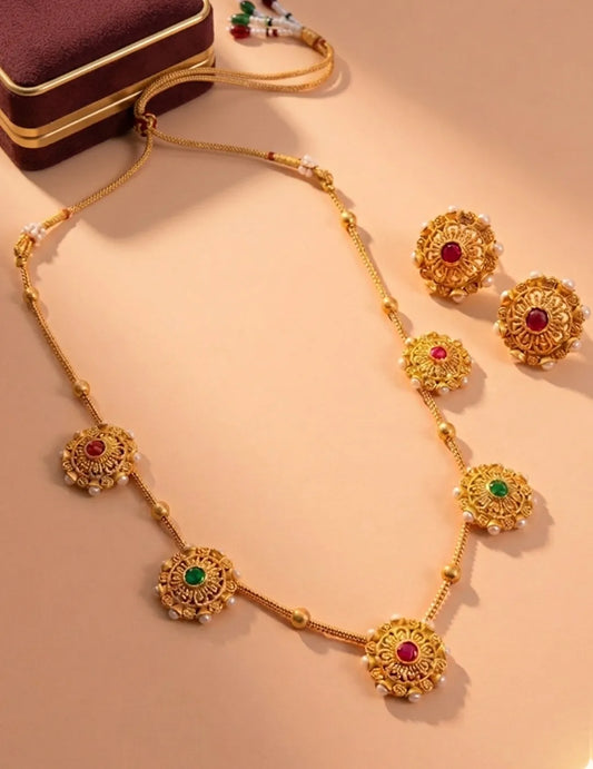 Peora Royal Ruby Green Floral Necklace Set - Gold