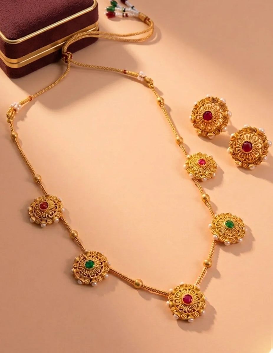 Peora Royal Ruby Green Floral Necklace Set - Gold