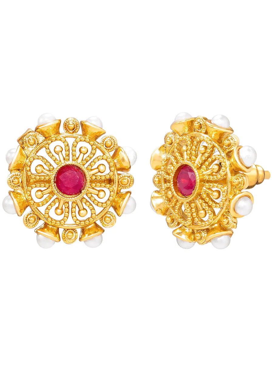 Peora Royal Ruby Green Floral Necklace Set - Gold