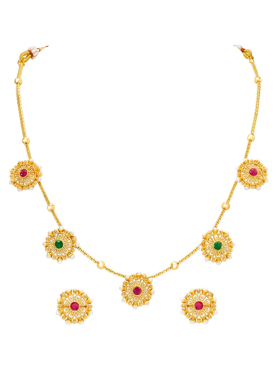 Peora Royal Ruby Green Floral Necklace Set - Gold