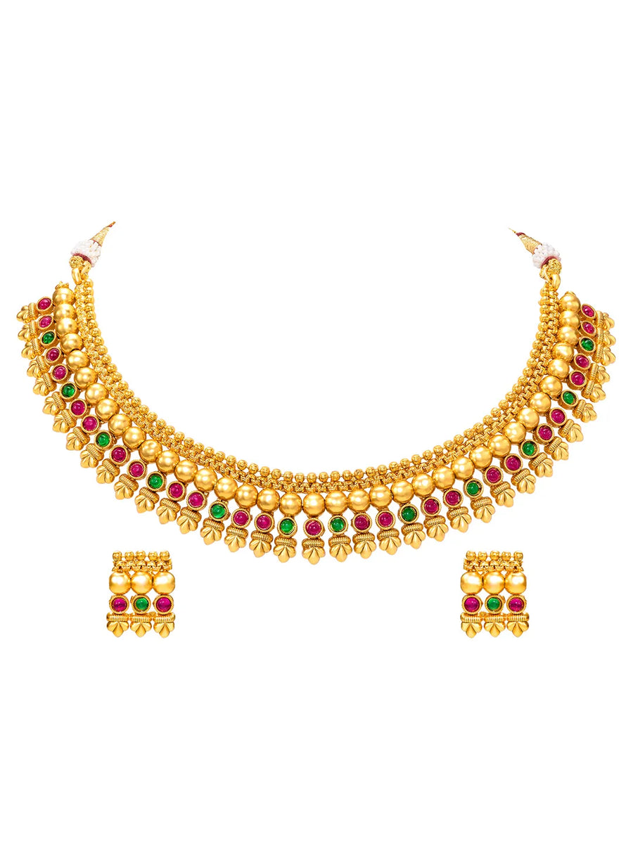 Peora Heritage Ruby Green Necklace Set - Gold