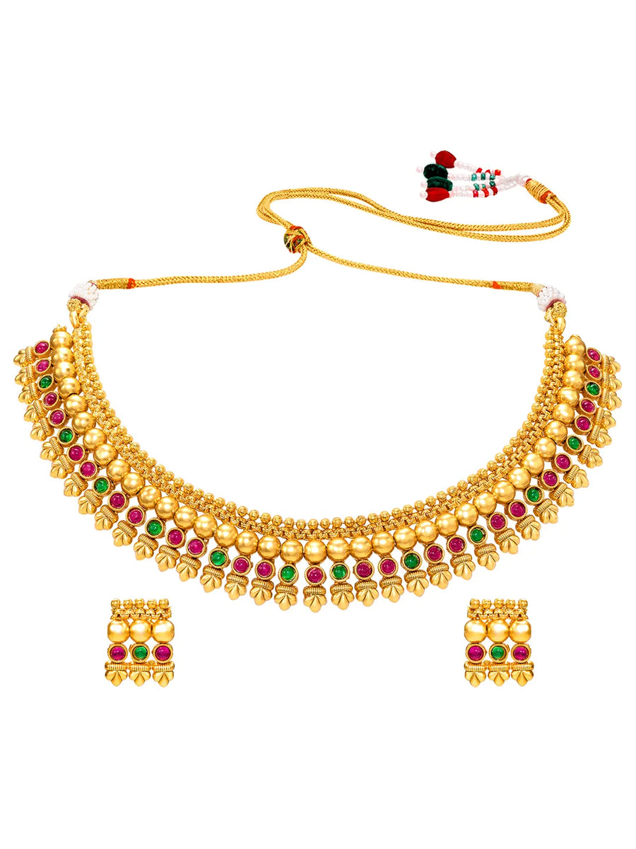 Peora Heritage Ruby Green Necklace Set - Gold