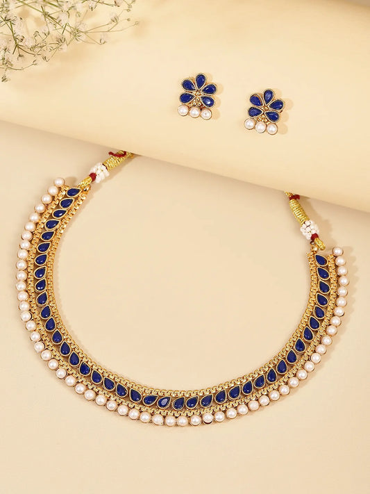 Chic Elegance Kundan Necklace Set - Blue