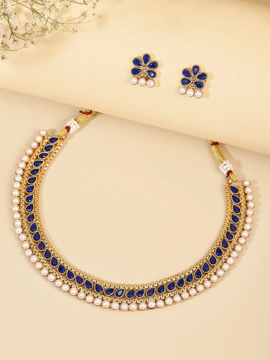 Chic Elegance Kundan Necklace Set - Blue