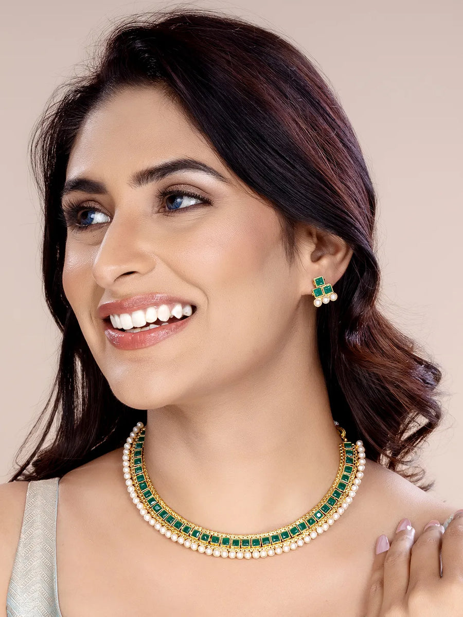Chic Harmony Pearl Stones Necklace Set - Green