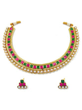 Chic Harmony Pearl & Red Green Stones Necklace Set