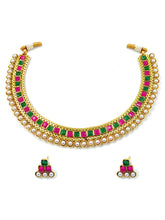 Chic Harmony Pearl & Red Green Stones Necklace Set