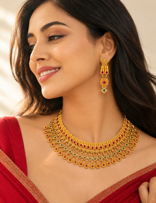 Peora Royal Floral Maharani Necklace Set - Gold