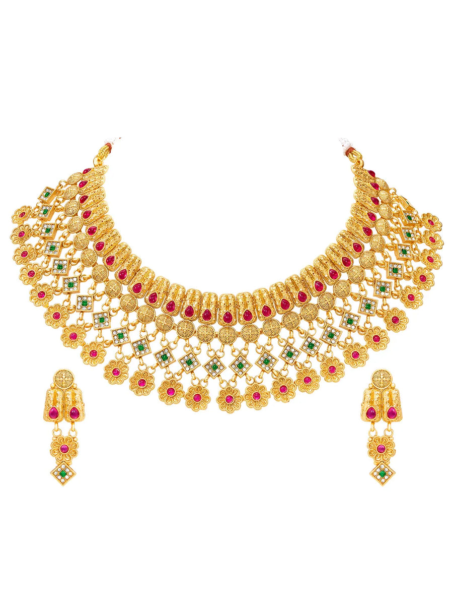 Peora Royal Floral Maharani Necklace Set - Gold