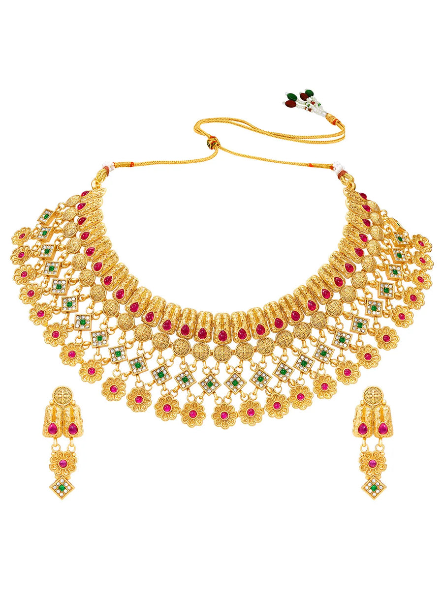 Peora Royal Floral Maharani Necklace Set - Gold