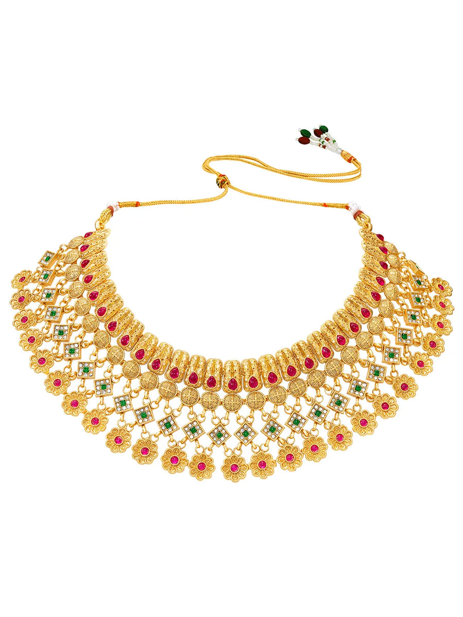 Peora Royal Floral Maharani Necklace Set - Gold