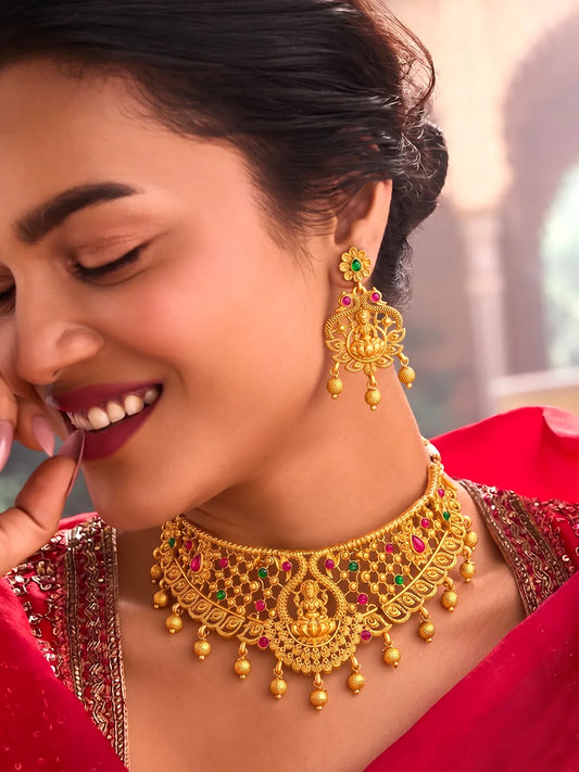 Peora Divine Temple Necklace Set- Gold