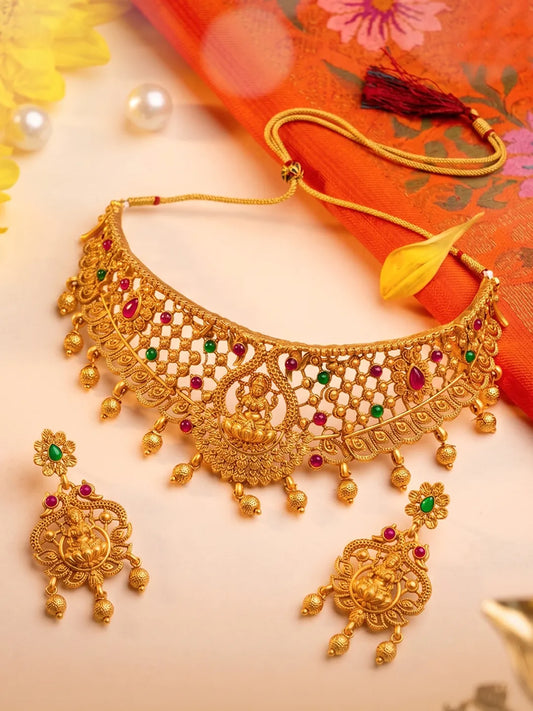 Peora Divine Temple Necklace Set- Gold