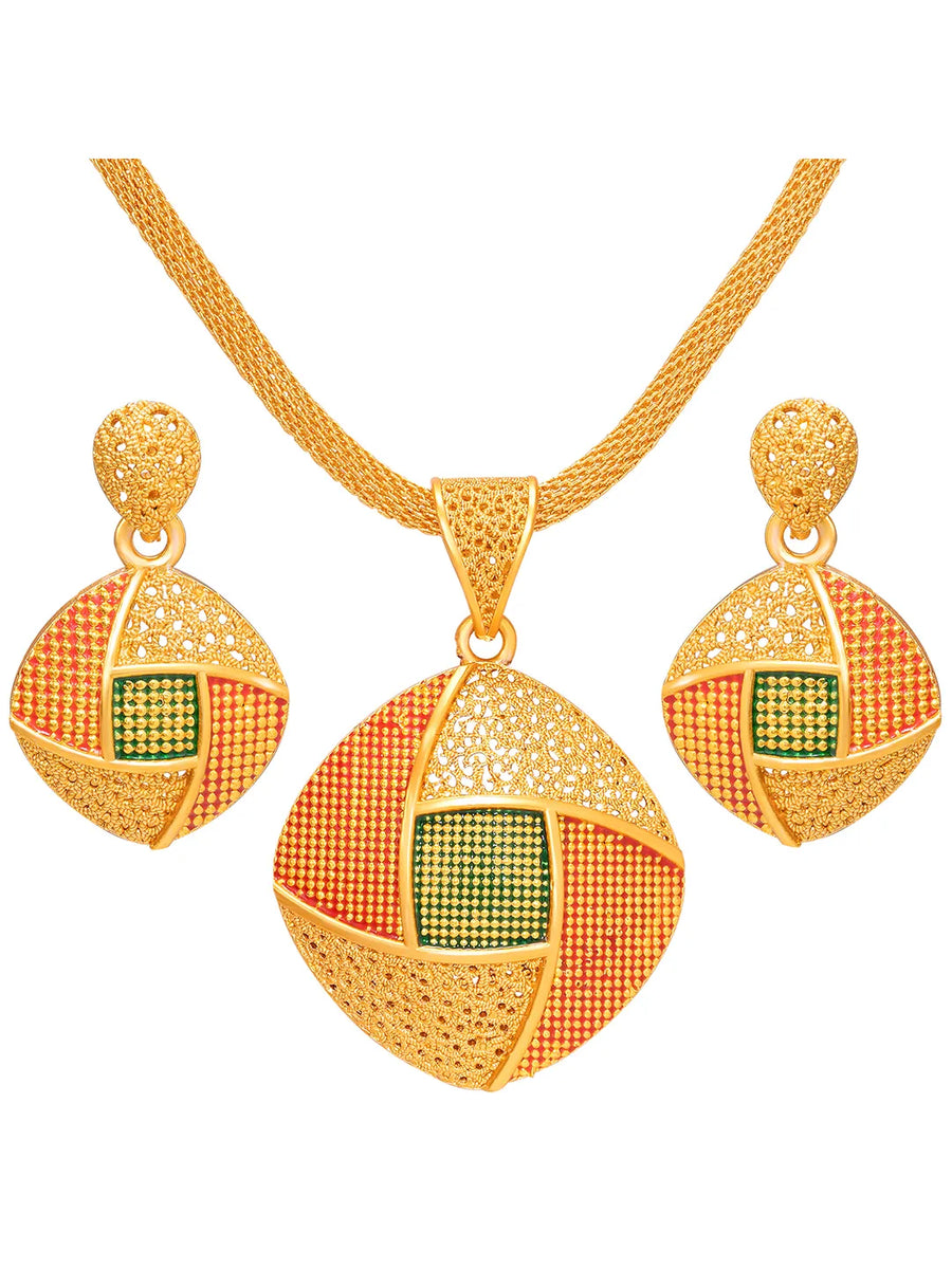 Peora Heritage Grid Pendent  Necklace Set - Gold
