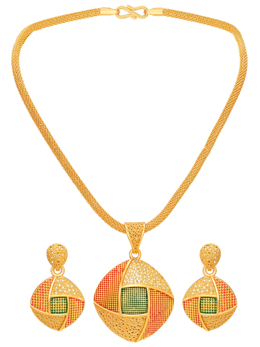 Peora Heritage Grid Pendent  Necklace Set - Gold