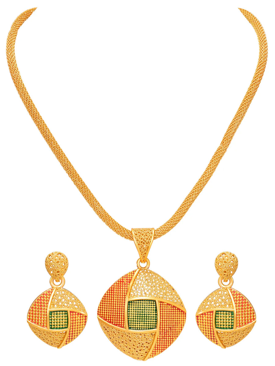 Peora Heritage Grid Pendent  Necklace Set - Gold