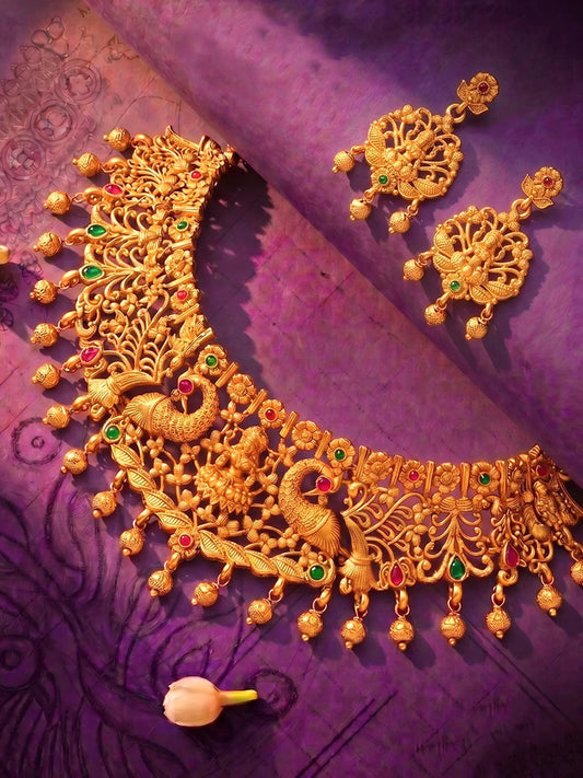Peora Royal Lakshmi Temple Necklace Set - Gold