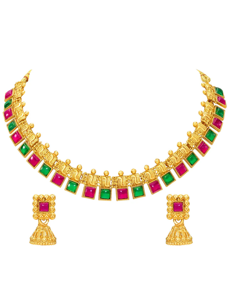 Peora Square Stone Necklace Set - Gold