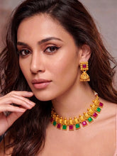 Peora Square Stone Necklace Set - Gold