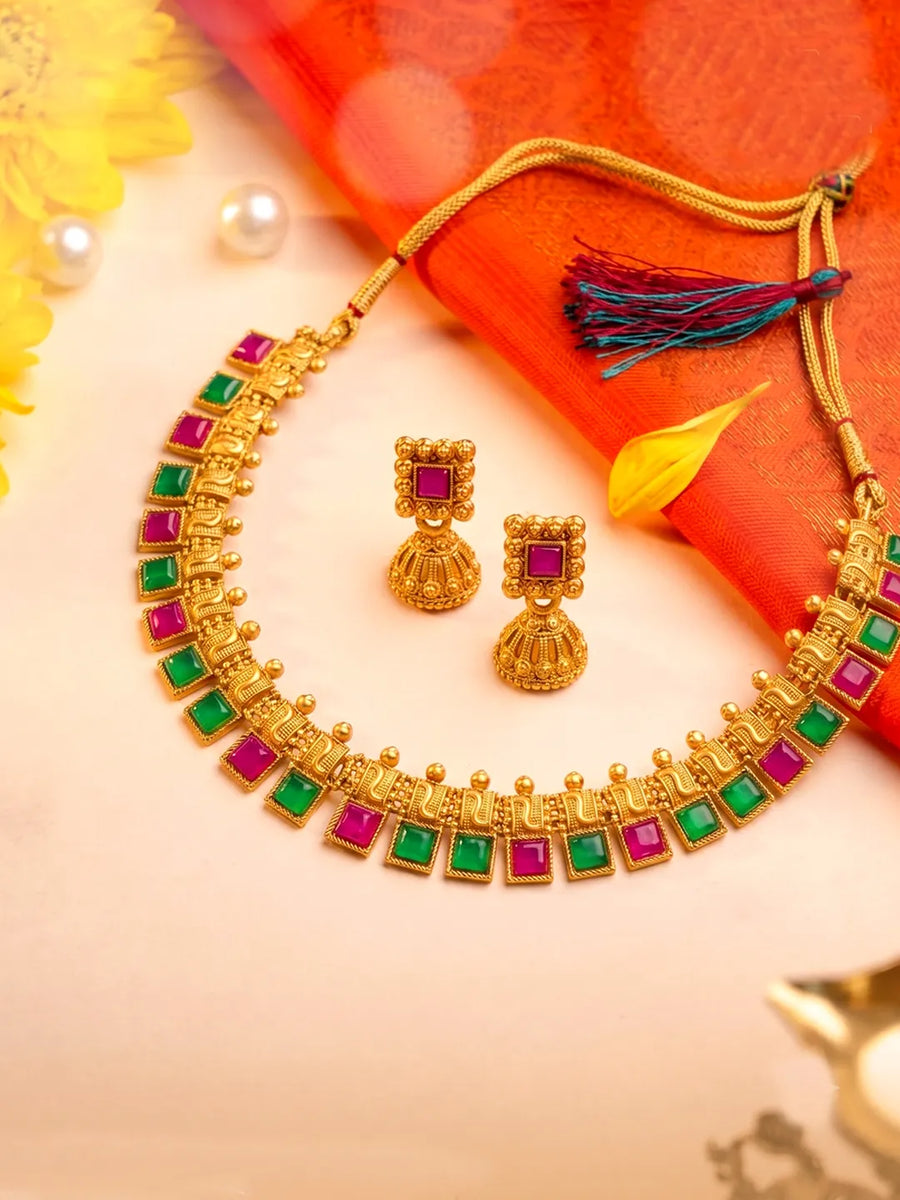 Peora Square Stone Necklace Set - Gold