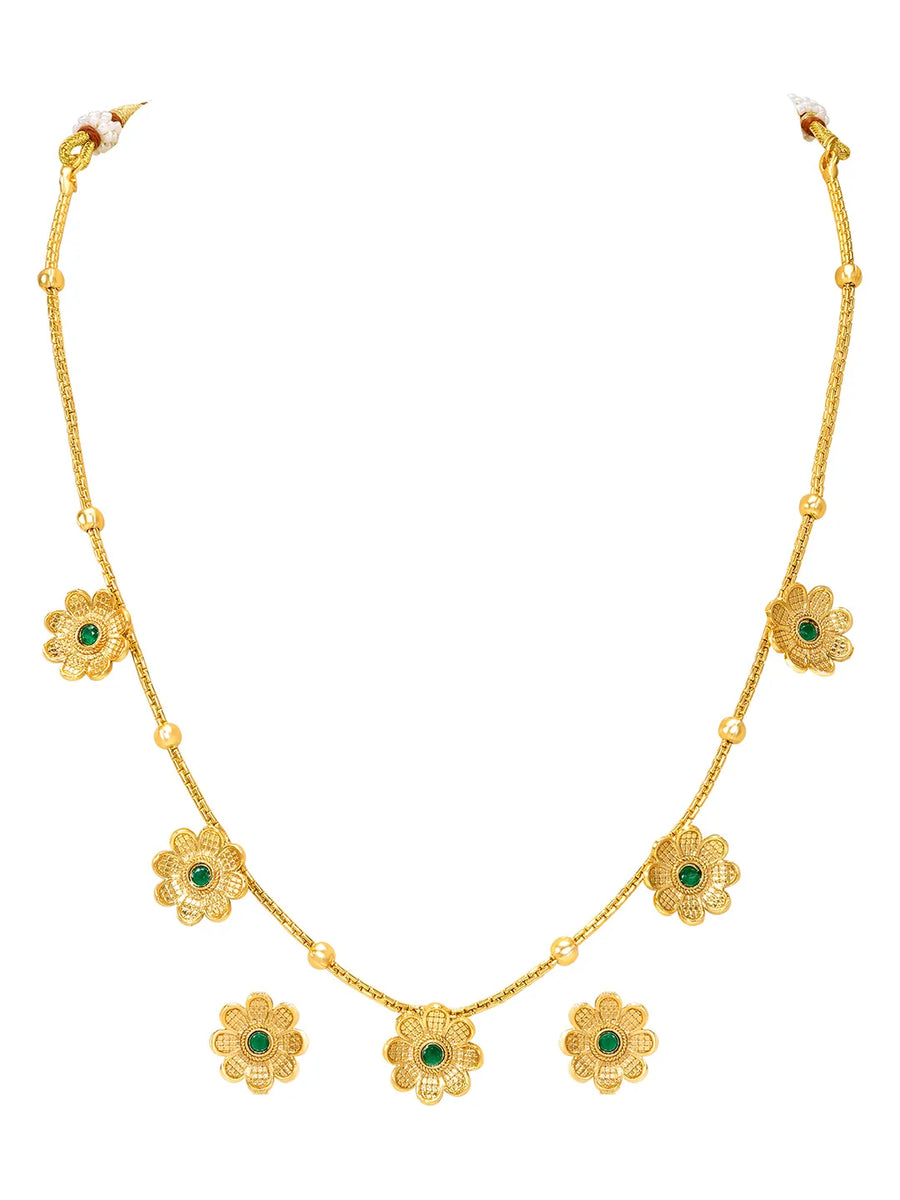Peora Traditional Floral Green Necklace Set - Gold