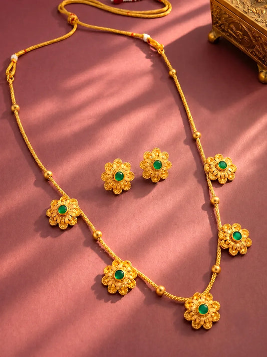 Peora Traditional Floral Green Necklace Set - Gold