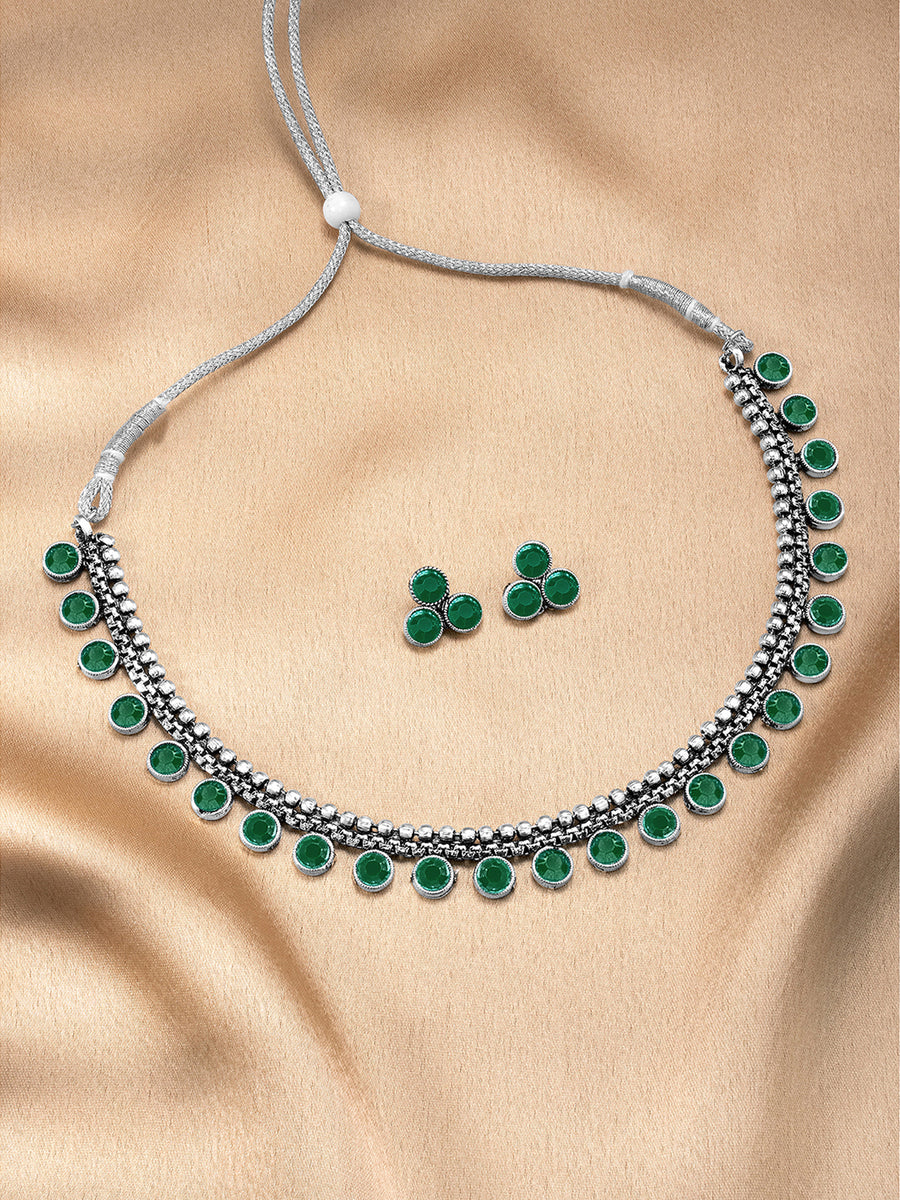 Minimal Aura Oxidized Necklace Set - Silver - Green