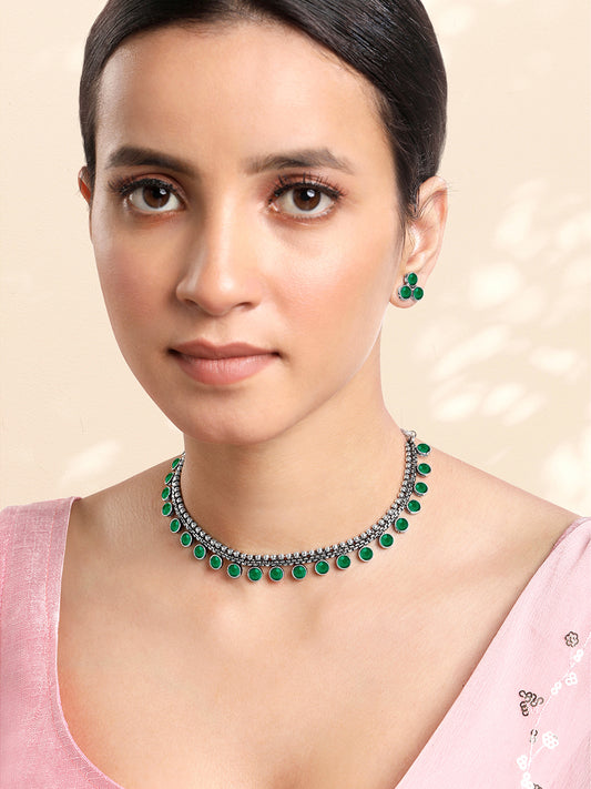 Minimal Aura Oxidized Necklace Set - Silver - Green