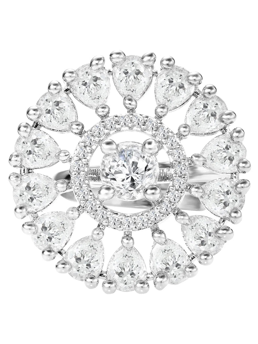 Rhodium Plated Round Crystal Statement Ring