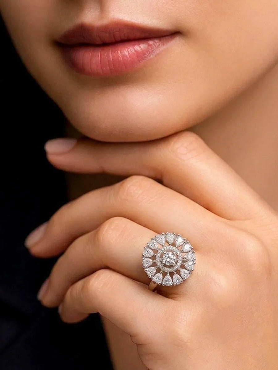 Rhodium Plated Round Crystal Statement Ring