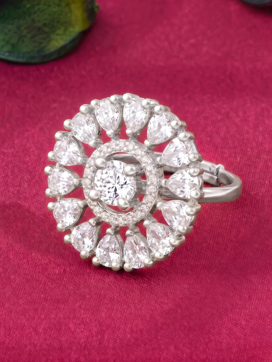 Rhodium Plated Round Crystal Statement Ring