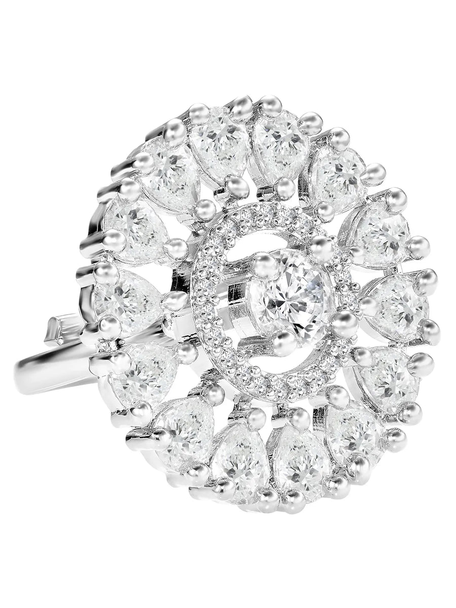 Rhodium Plated Round Crystal Statement Ring