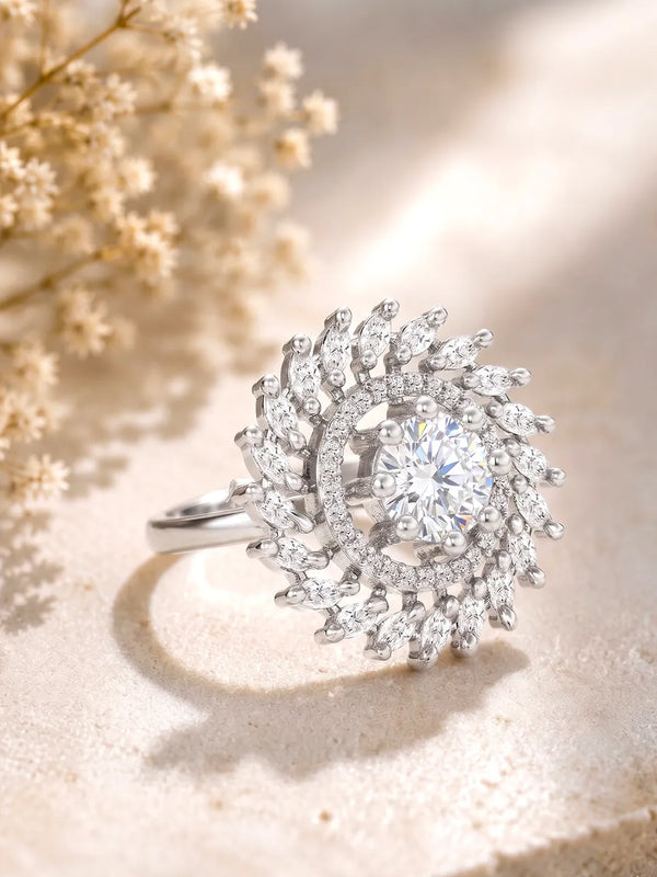 Rhodium Plated Floral Swirl Statement Ring