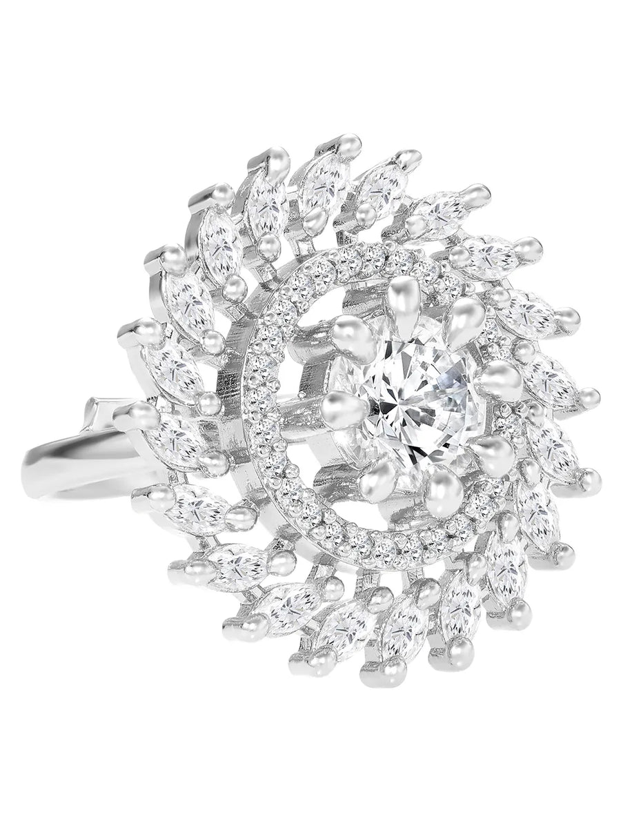 Rhodium Plated Floral Swirl Statement Ring