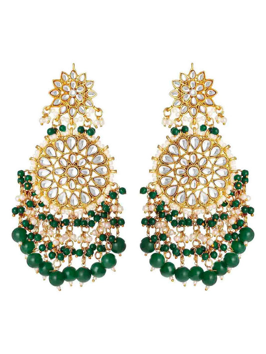 Traditional Kundan Chandbali Earrings - Gold-Green