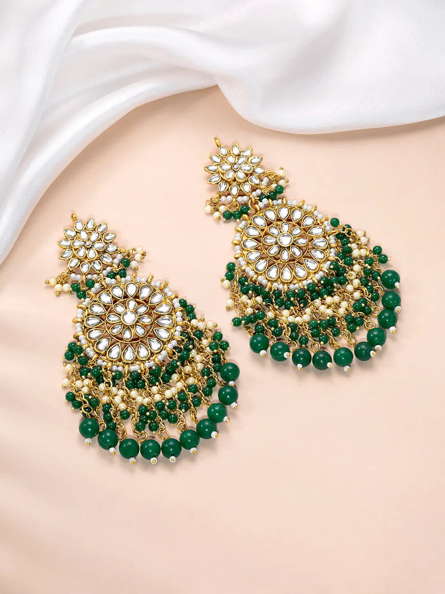 Traditional Kundan Chandbali Earrings - Gold-Green