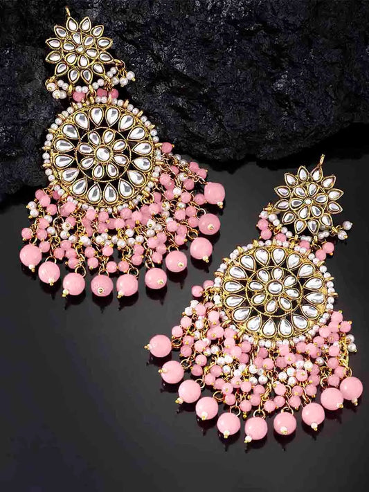 Traditional Kundan Chandbali Earrings - Gold-Pink