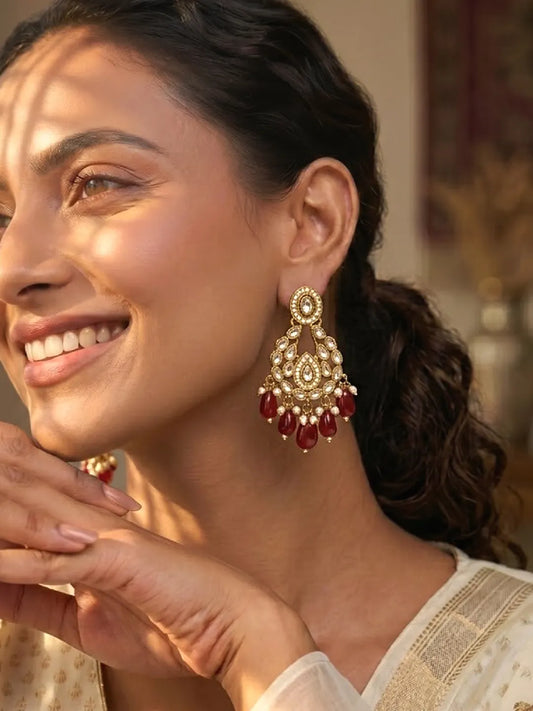 Peora Maroon Beaded Chandbali Earrings - Gold