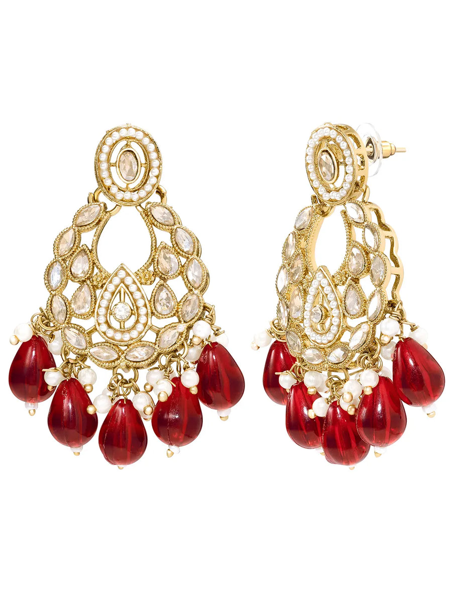 Peora Maroon Beaded Chandbali Earrings - Gold