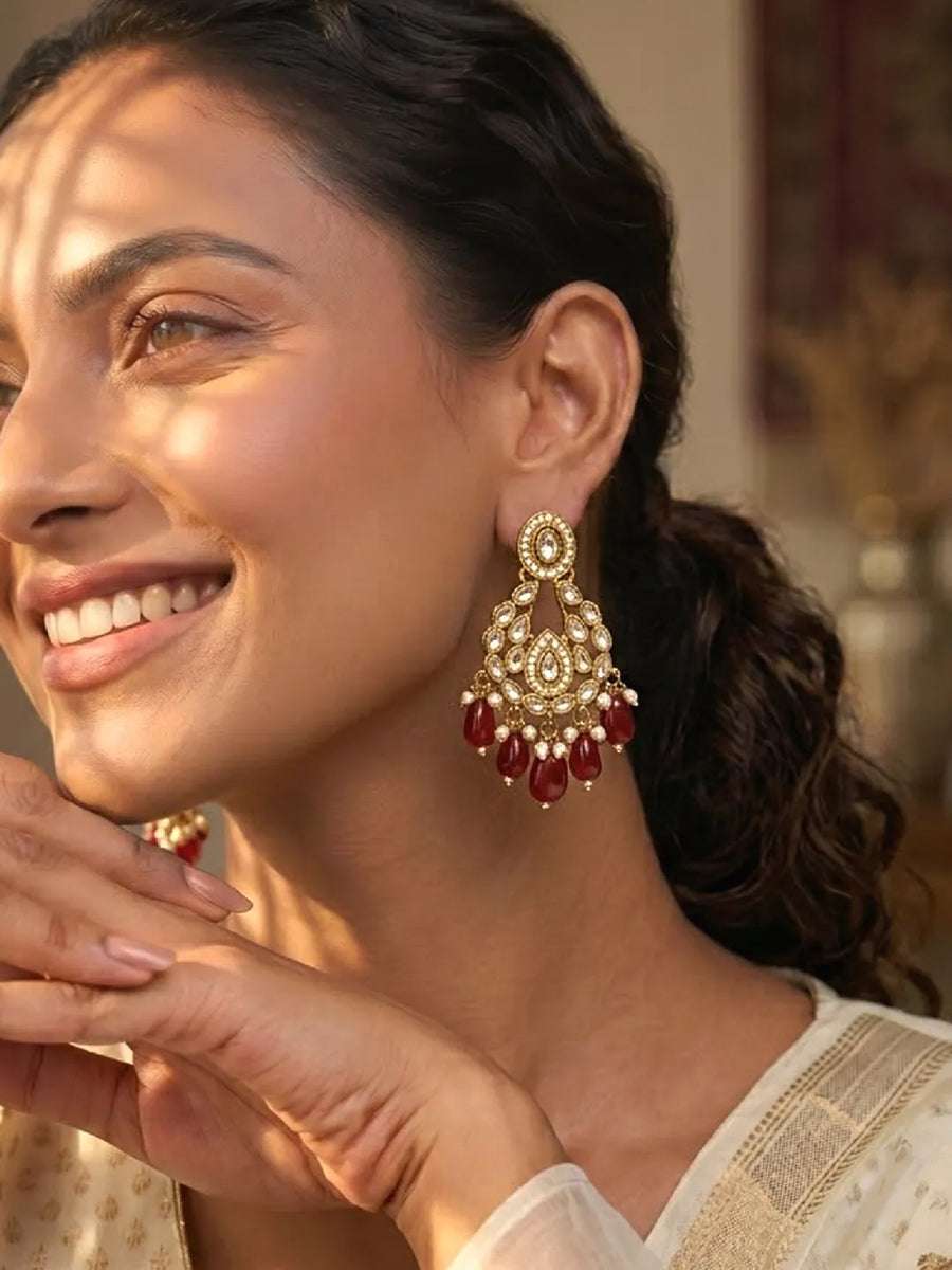 Peora Maroon Beaded Chandbali Earrings - Gold