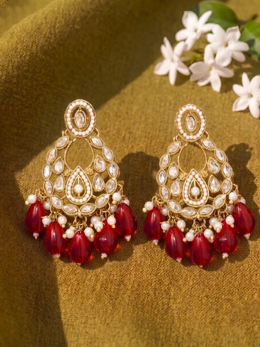 Peora Maroon Beaded Chandbali Earrings - Gold