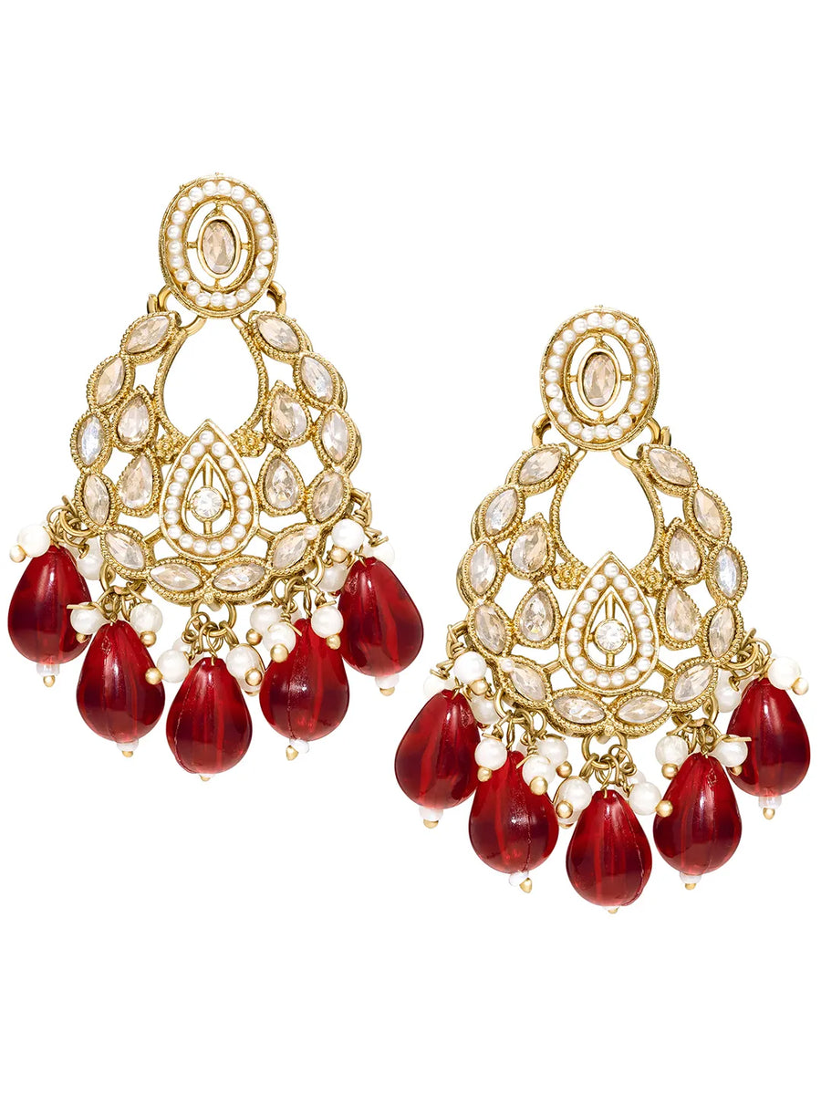 Peora Maroon Beaded Chandbali Earrings - Gold