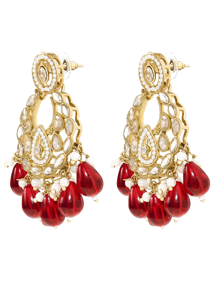 Peora Maroon Beaded Chandbali Earrings - Gold