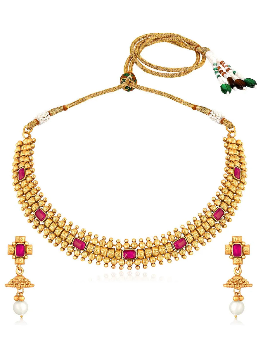 Emerald Shine Dazzling Necklace Set - Rani Pink