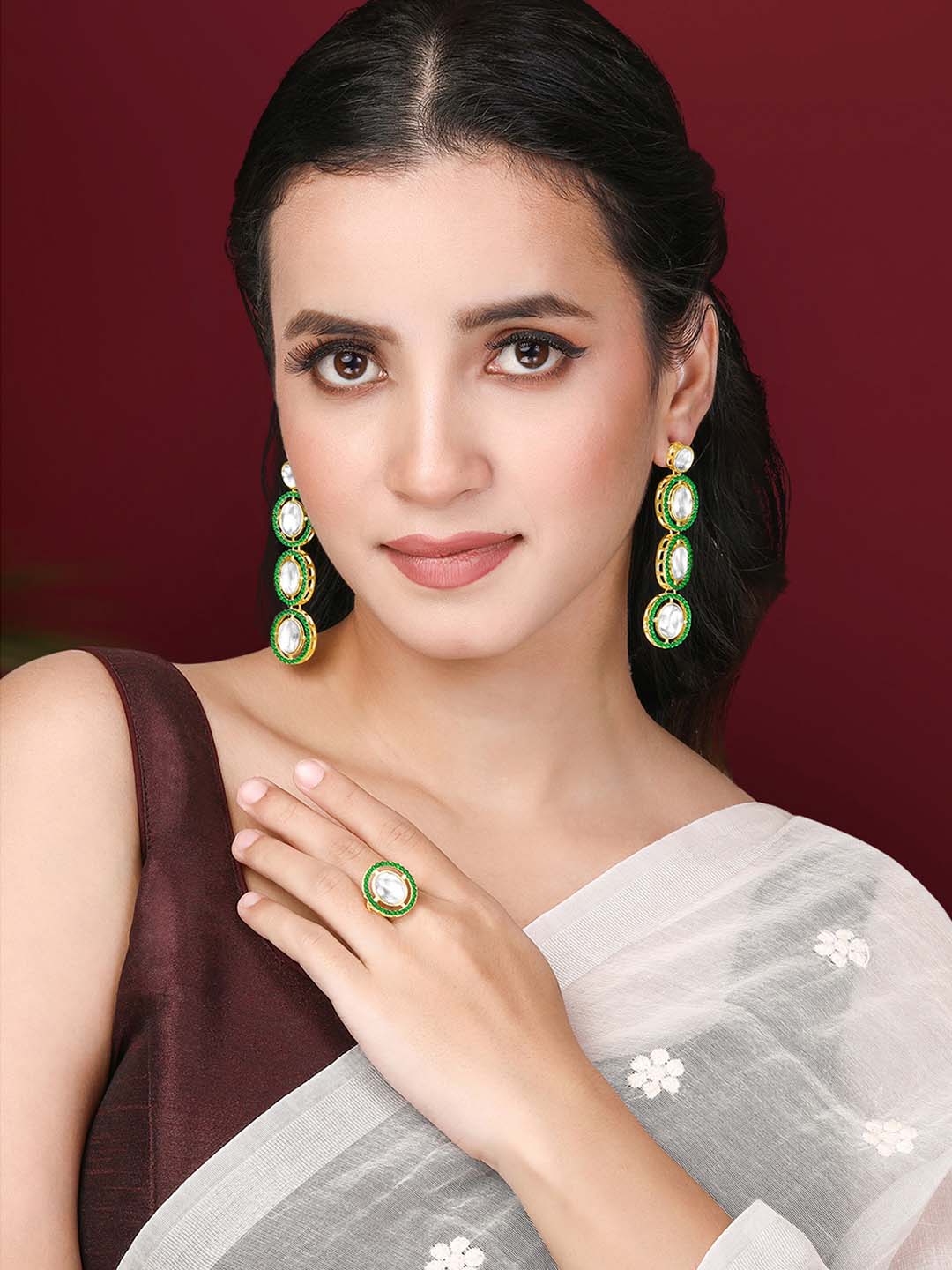 Elegant Green Kundan Earrings & Ring Set