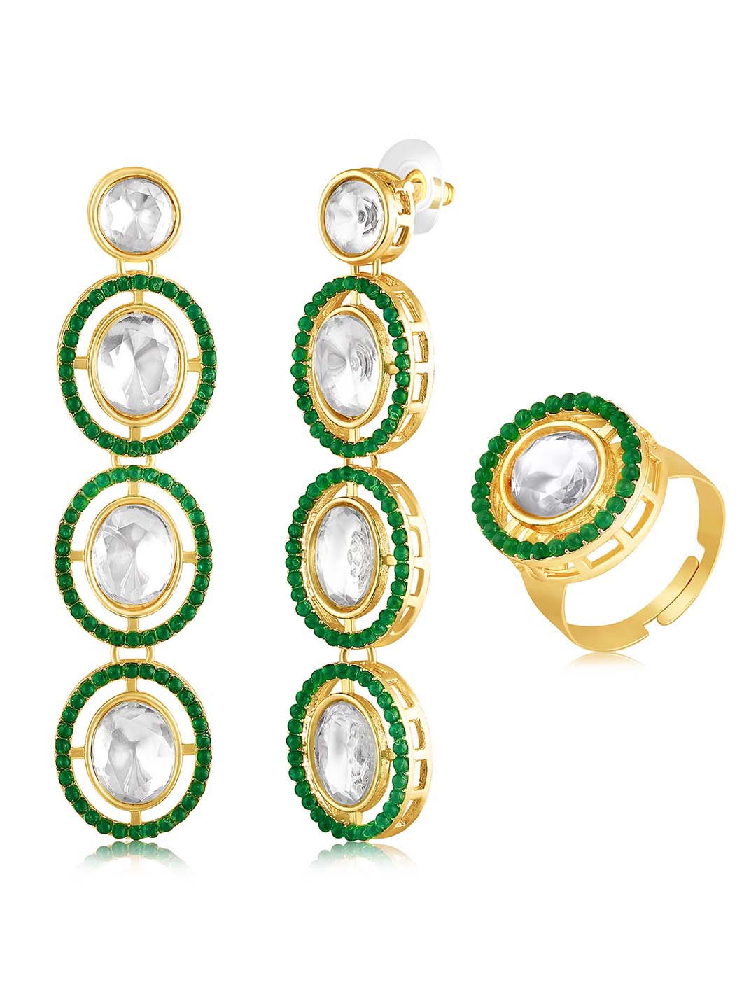 Elegant Green Kundan Earrings & Ring Set