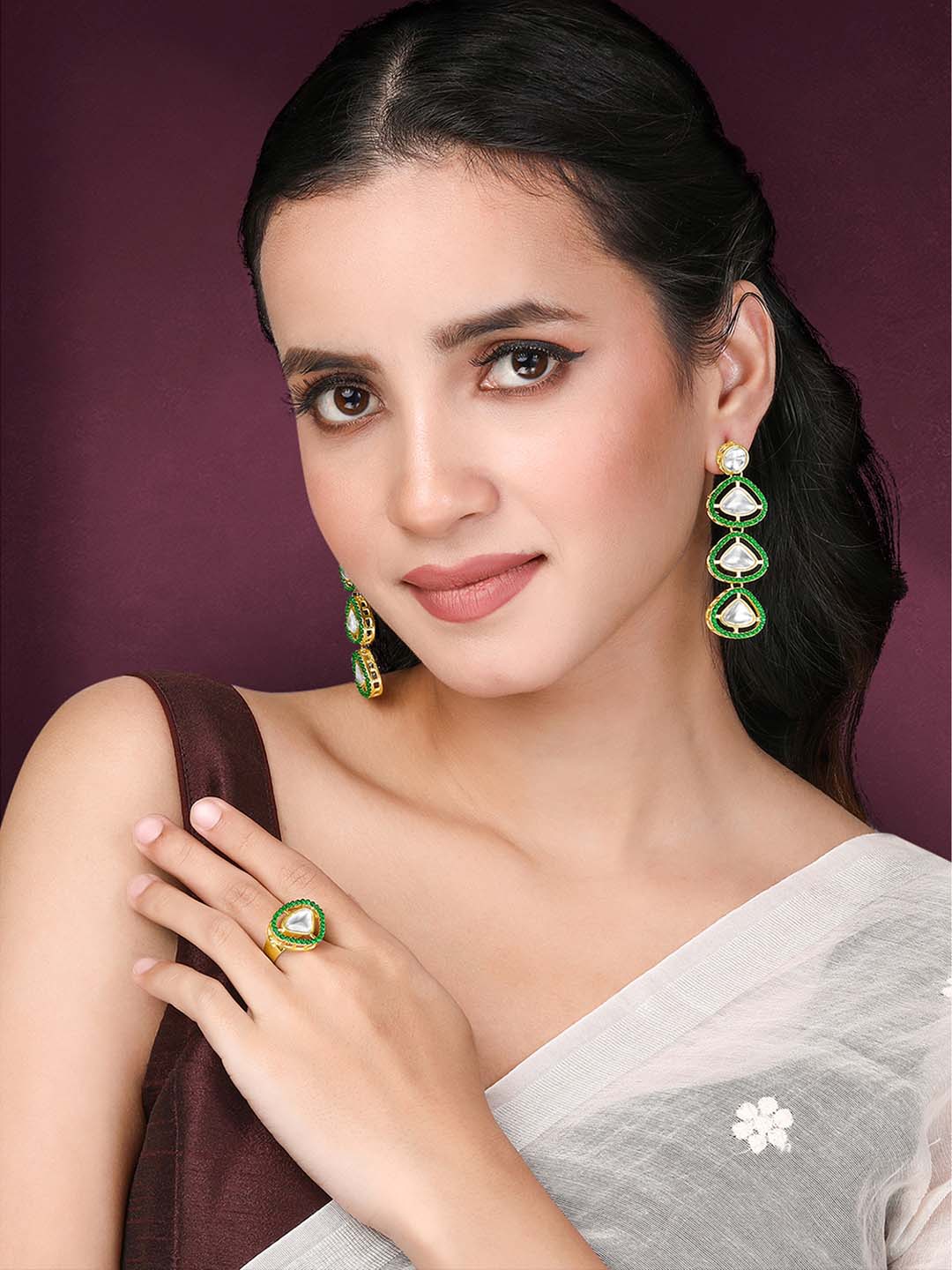 Opulent Kundan Green Earrings & Ring Set