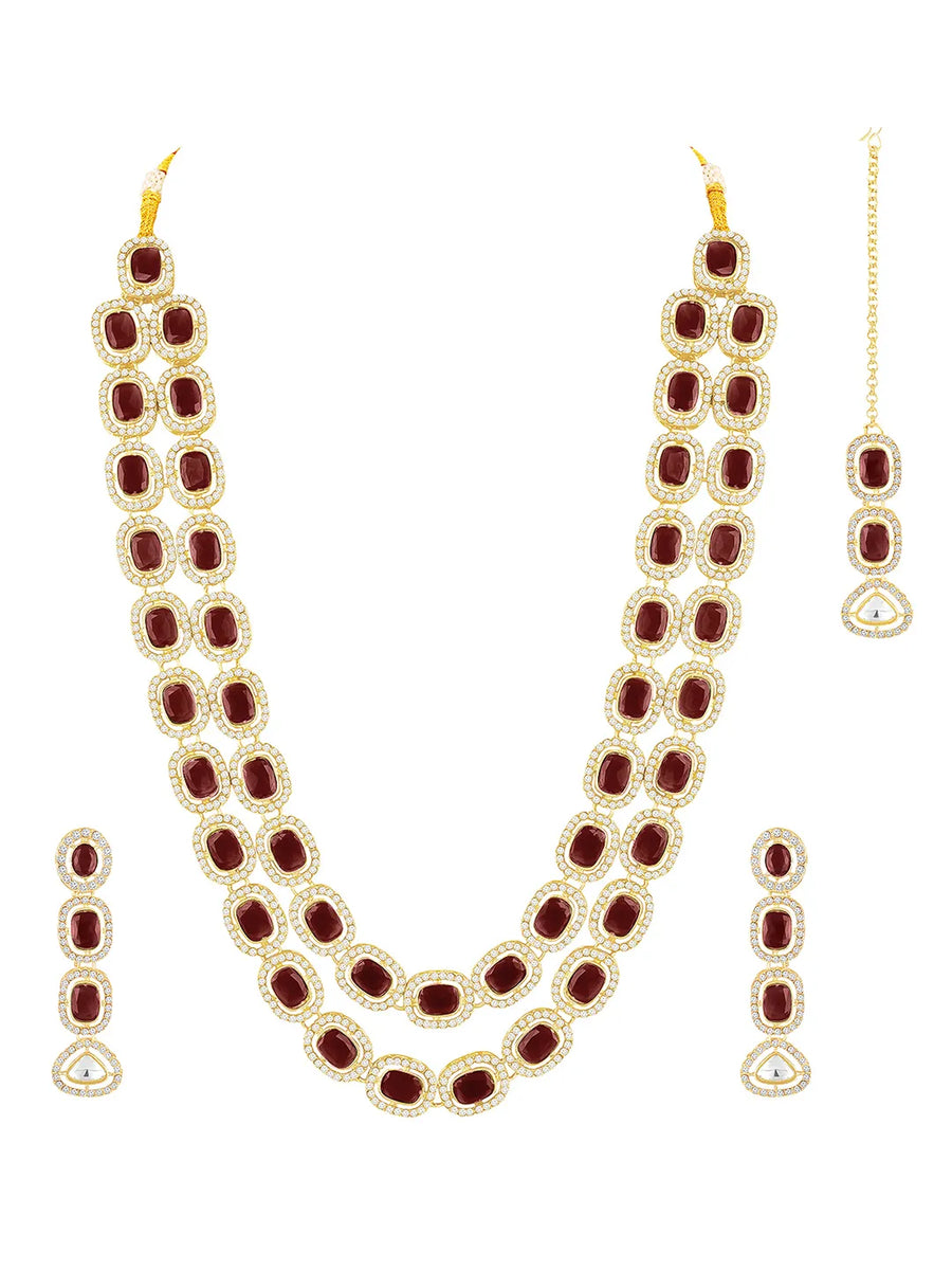 Gold Plated Maroon Halo Layered Necklace Set